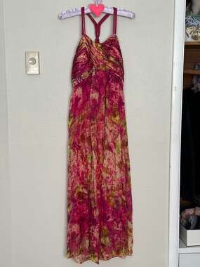 Gorgeous NWT XL Silk Rhinestone Pink Green Maxi Dress Formal Wedding Guest Y2K
